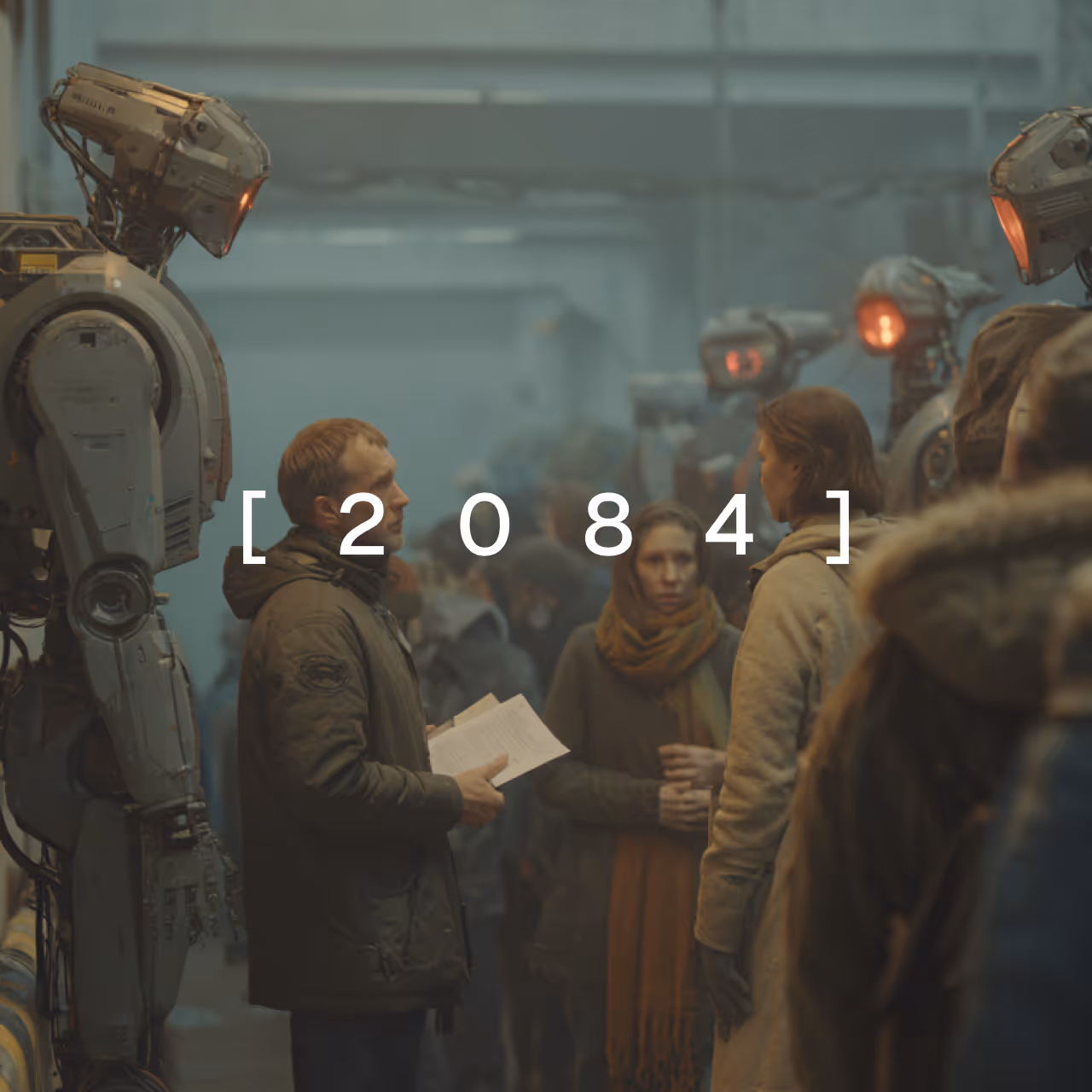 People in winter clothes surrounded by large robots with glowing faces in a dim, crowded setting.