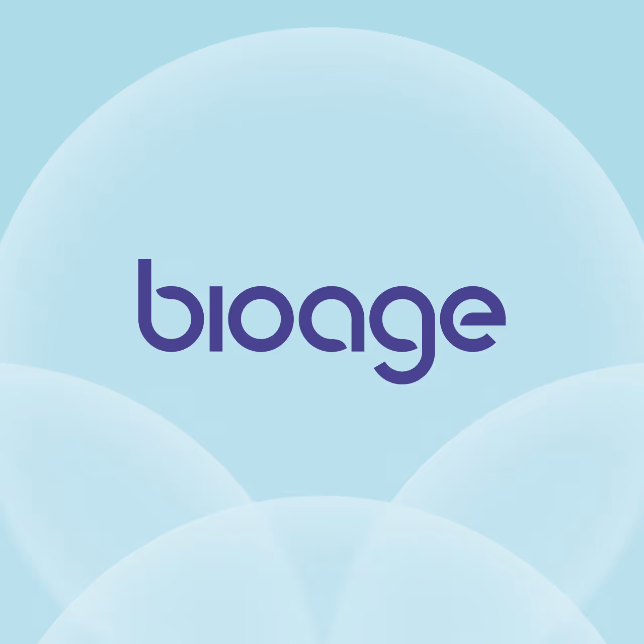 Purple word bioage centered amid translucent light blue circles on a pale blue background.