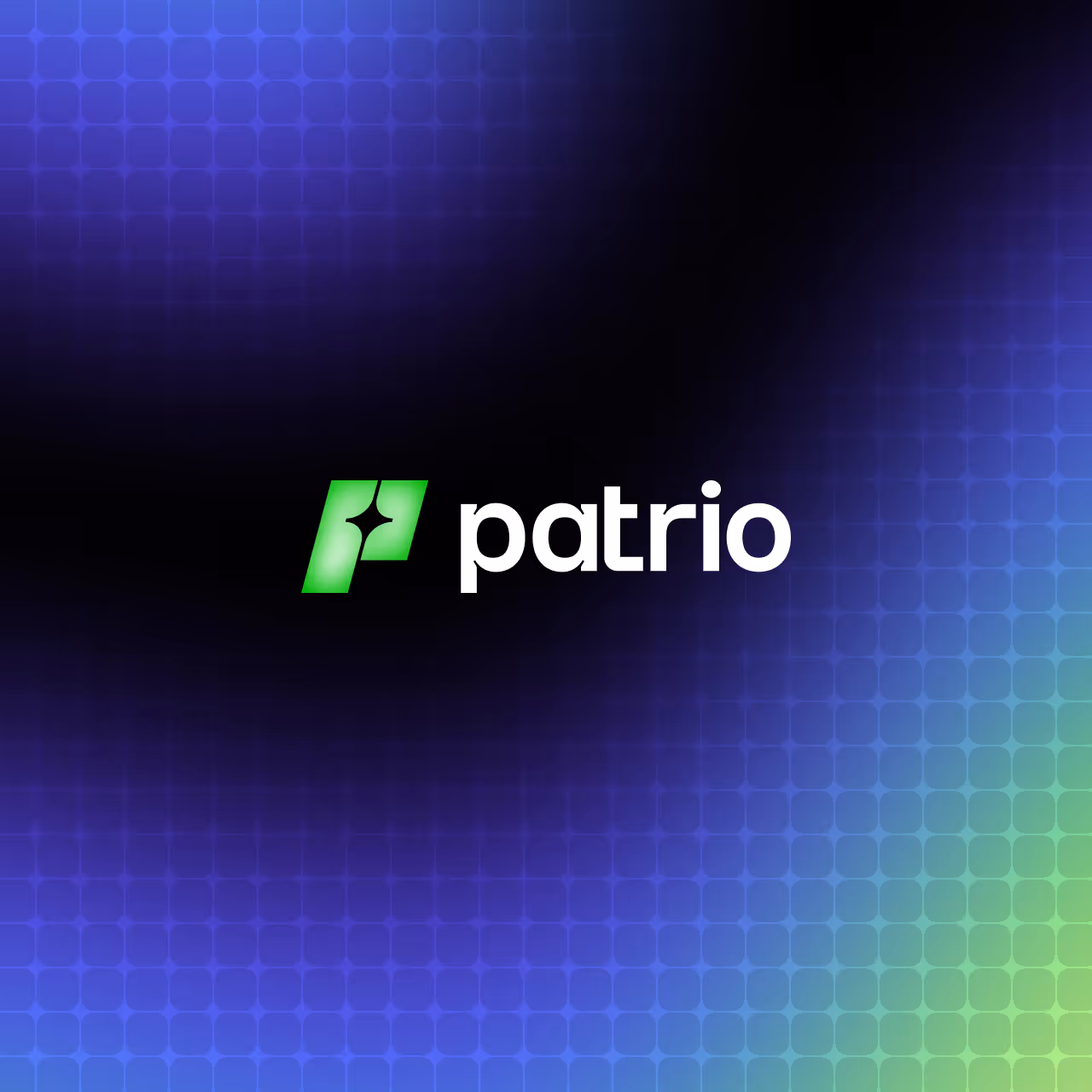 Green Patrio logo with a star shape on a background of blue and green gradient grid.