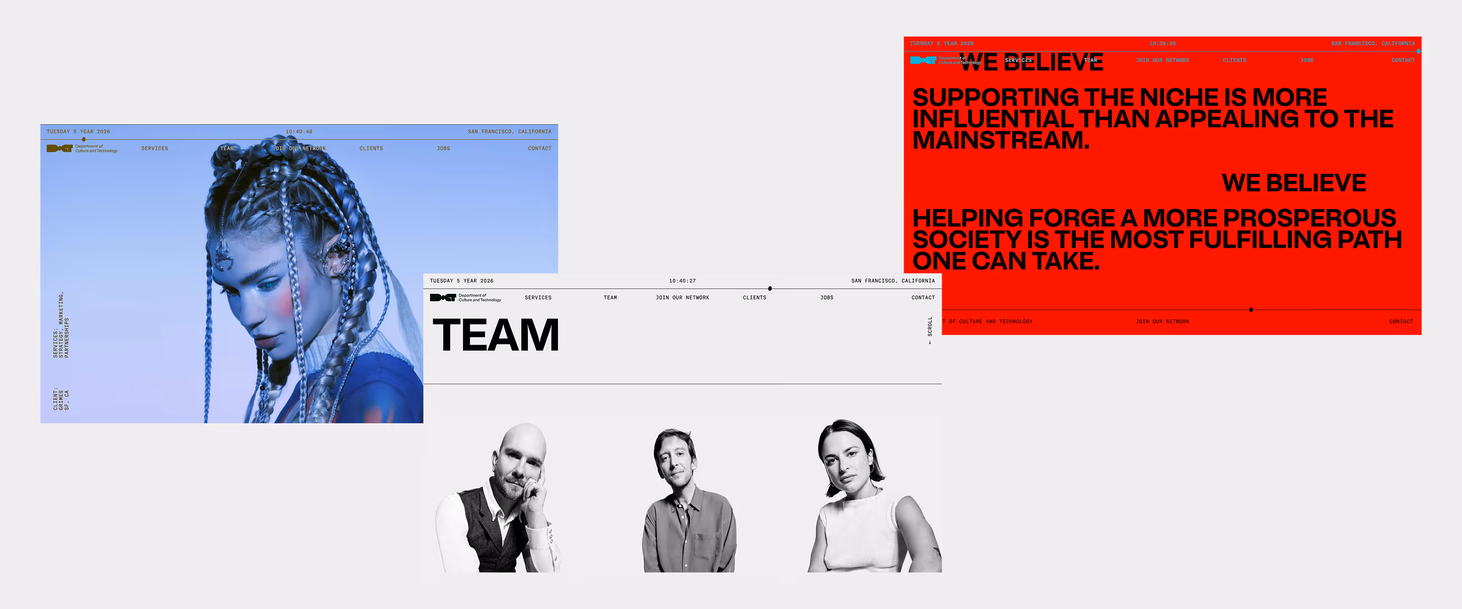 Website screens showing a woman with braided hair, bold mission text on red, and three team member photos.