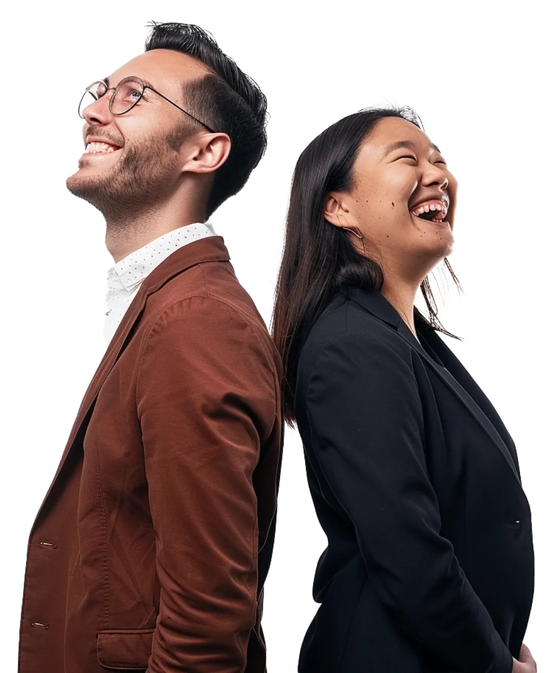 A man and a woman stand back-to-back, both smiling and looking upwards. The man is wearing glasses, a white shirt, and a brown blazer, while the woman is dressed in a black blazer. The background features blue geometric shapes, symbolizing their ambition to scale their business across the globe.