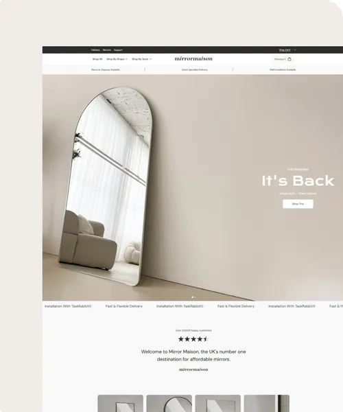 A promotional graphic for Mirror Maison. The main part depicts a webpage showcasing a large, black arch mirror on sale for £89.00. Smaller elements include social media icons, a tagline "It's Back," and a statistic indicating a 45% click-through rate increase, highlighting our enterprise commerce success.