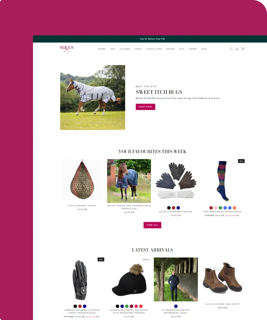 A promotional graphic for Mirror Maison. The main part depicts a webpage showcasing a large, black arch mirror on sale for £89.00. Smaller elements include social media icons, a tagline "It's Back," and a statistic indicating a 45% click-through rate increase, highlighting our enterprise commerce success.