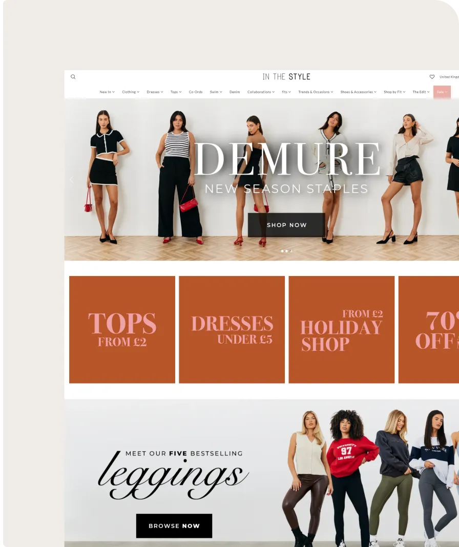 A promotional graphic for Mirror Maison. The main part depicts a webpage showcasing a large, black arch mirror on sale for £89.00. Smaller elements include social media icons, a tagline "It's Back," and a statistic indicating a 45% click-through rate increase, highlighting our enterprise commerce success.