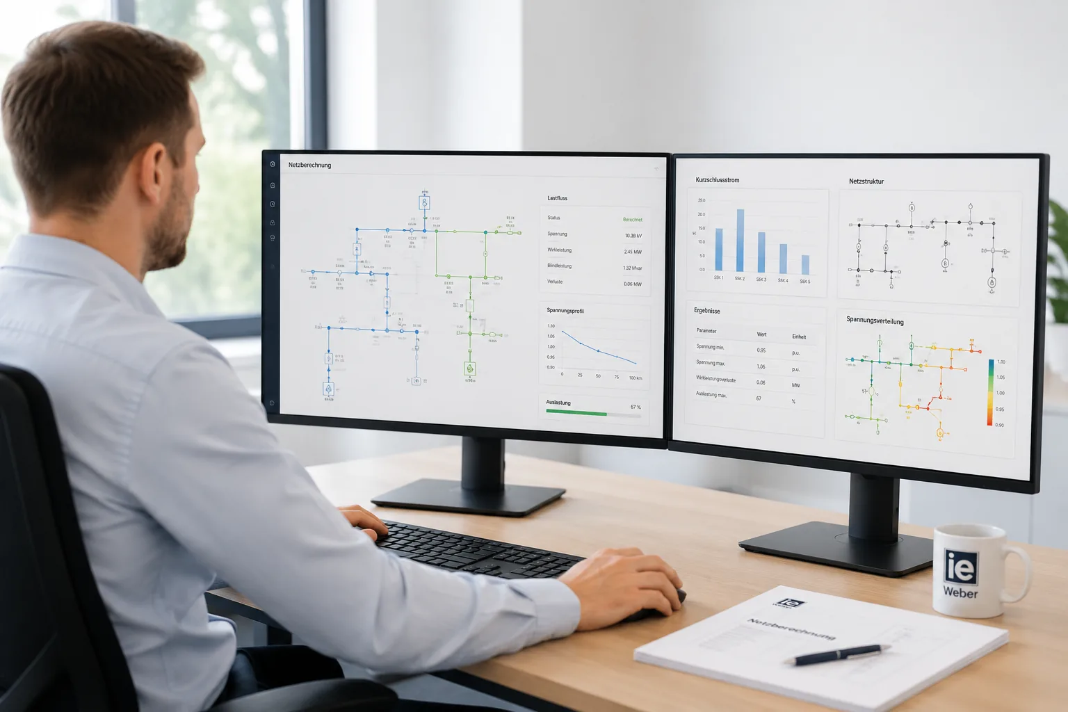 Ingenieur analysiert ein Netzschema am Bildschirm