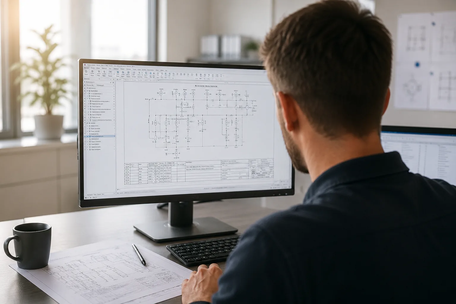 Ingenieur analysiert ein Netzschema am Bildschirm