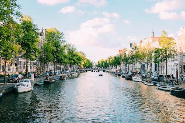 Boats moored along a canal lined with trees and historic buildings in Amsterdam
