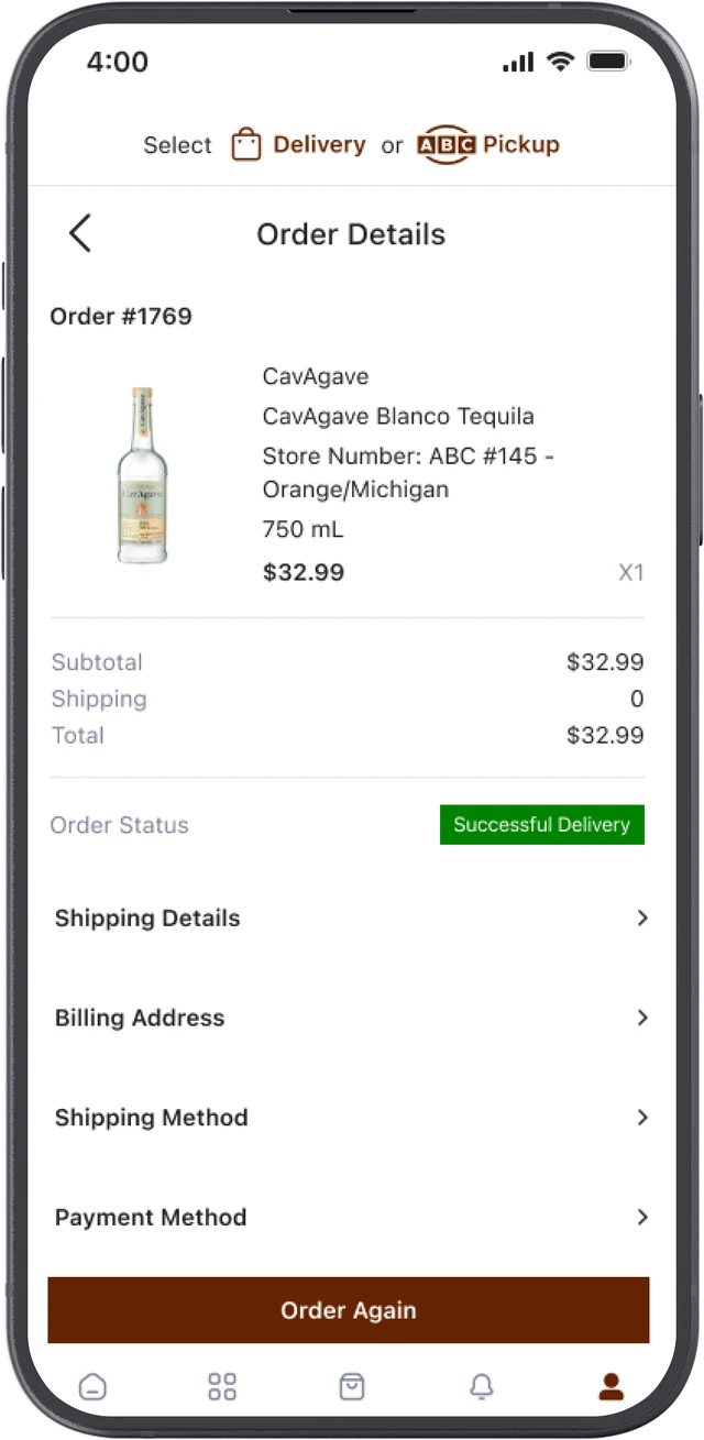 ABC app order details with Order Again