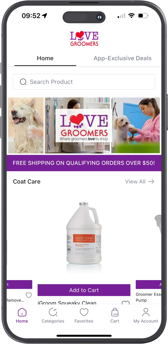 Love Groomers app home screen with search, free shipping banner and coat care products