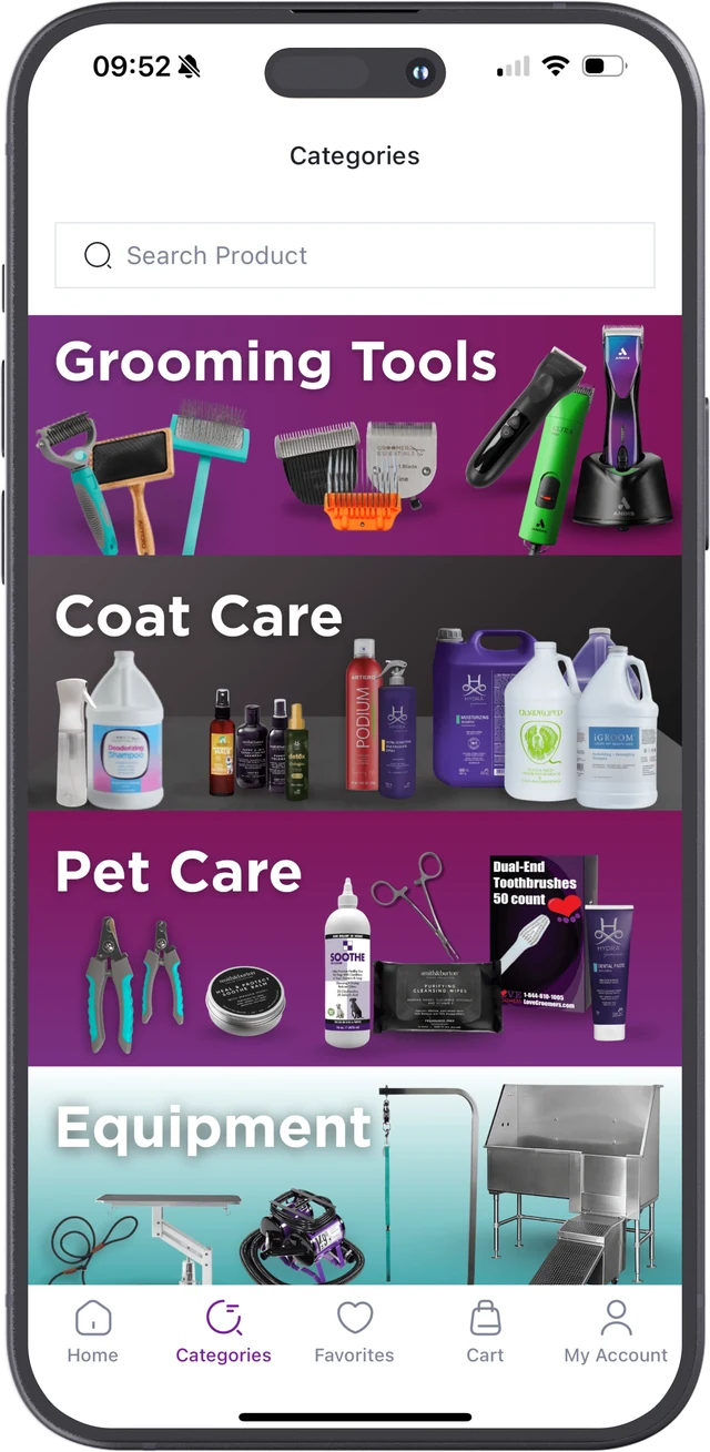 Love Groomers app categories: grooming tools, coat care, pet care and equipment