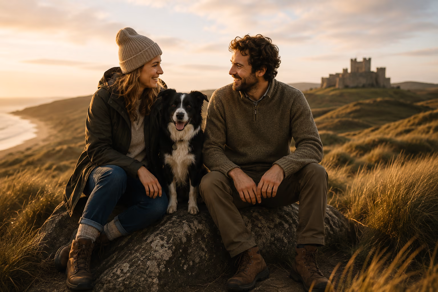 Lucy, Tom and Gyp on the Northumberland coast