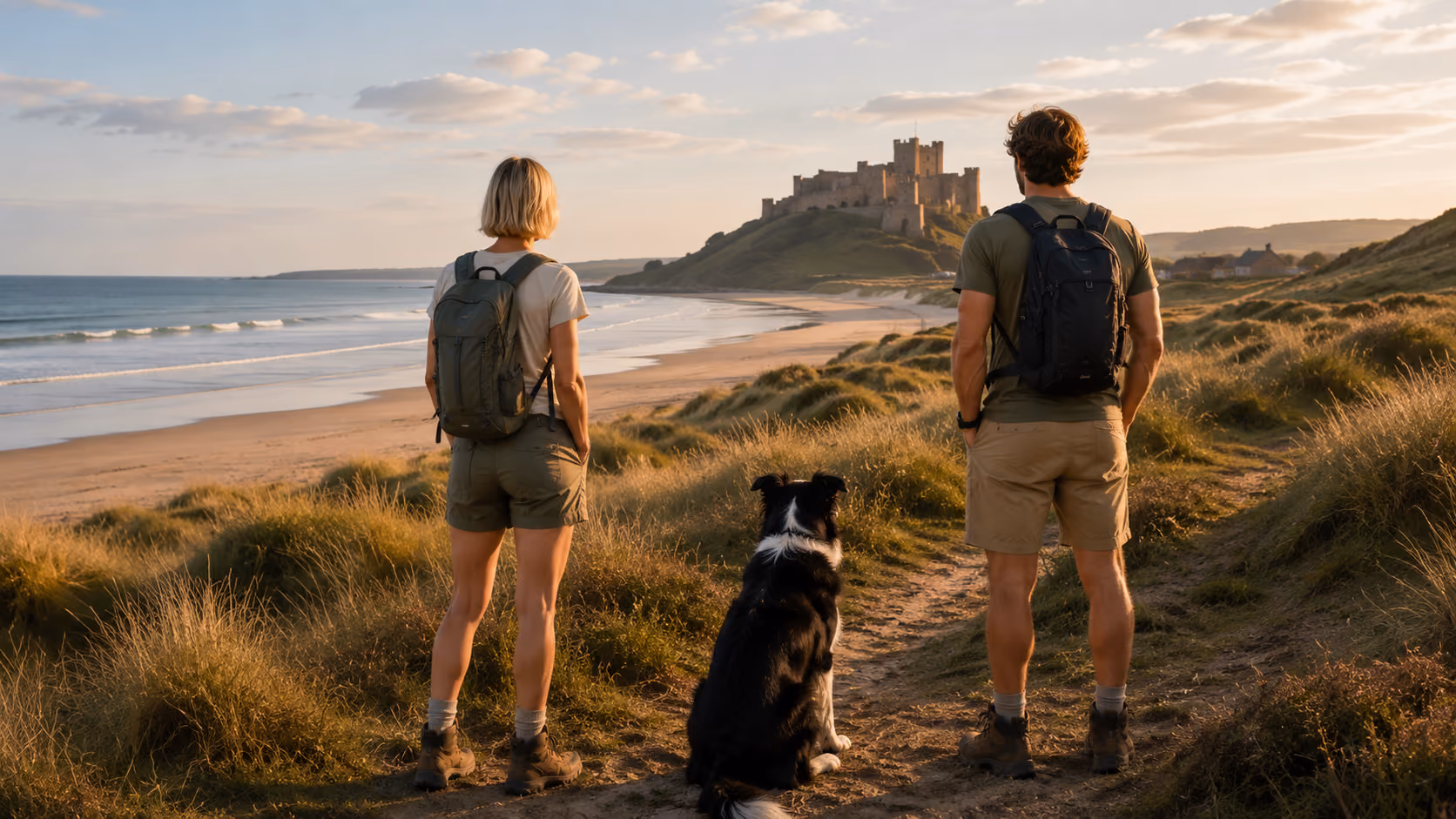 Tom and Lucy on the coastal path at Bamburgh, with the castle in the distance
