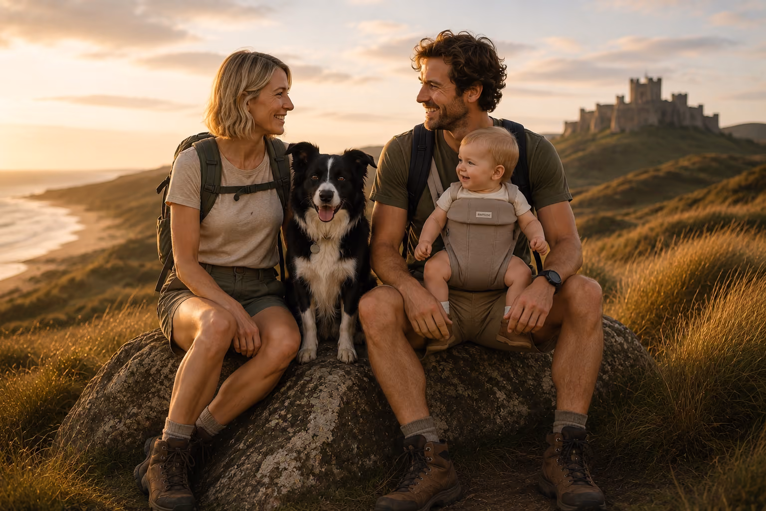 Lucy, Tom and Gyp on the Northumberland coast