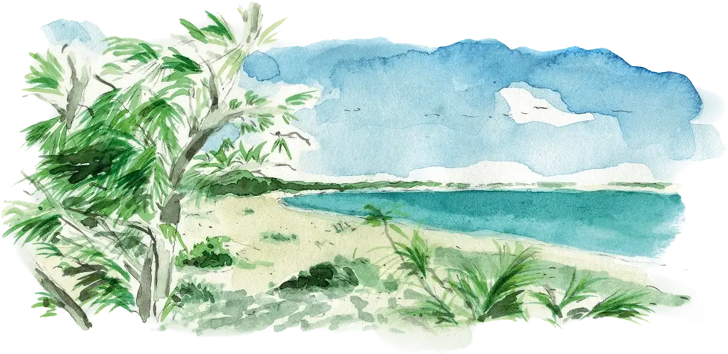 Watercolor painting of a beach with green plants, sandy shore, and a blue sky with clouds.