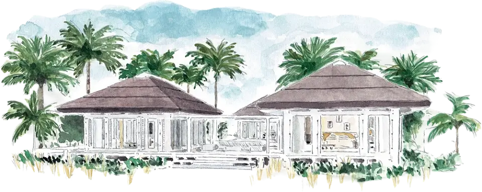 Watercolor of two white cottages with brown roofs surrounded by palm trees and greenery.