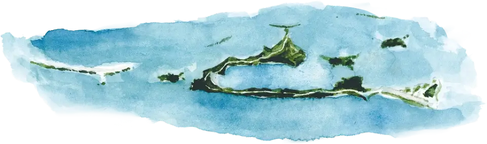 Watercolor painting of a green island surrounded by blue ocean with smaller islets nearby.