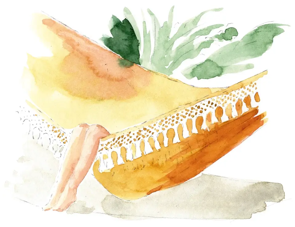 Watercolor painting of a person reclining in a hammock with visible legs and green foliage background.