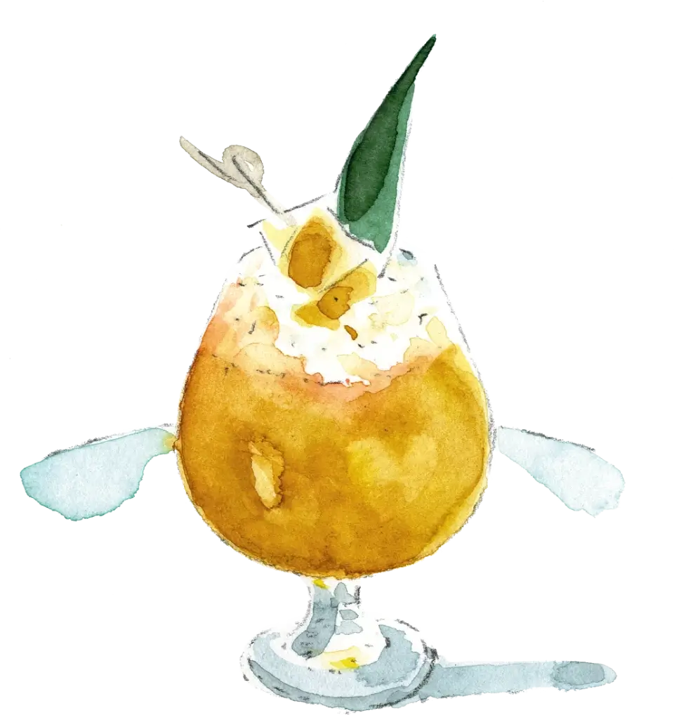 Watercolor painting of a tropical cocktail with pineapple garnish in a glass with a straw.