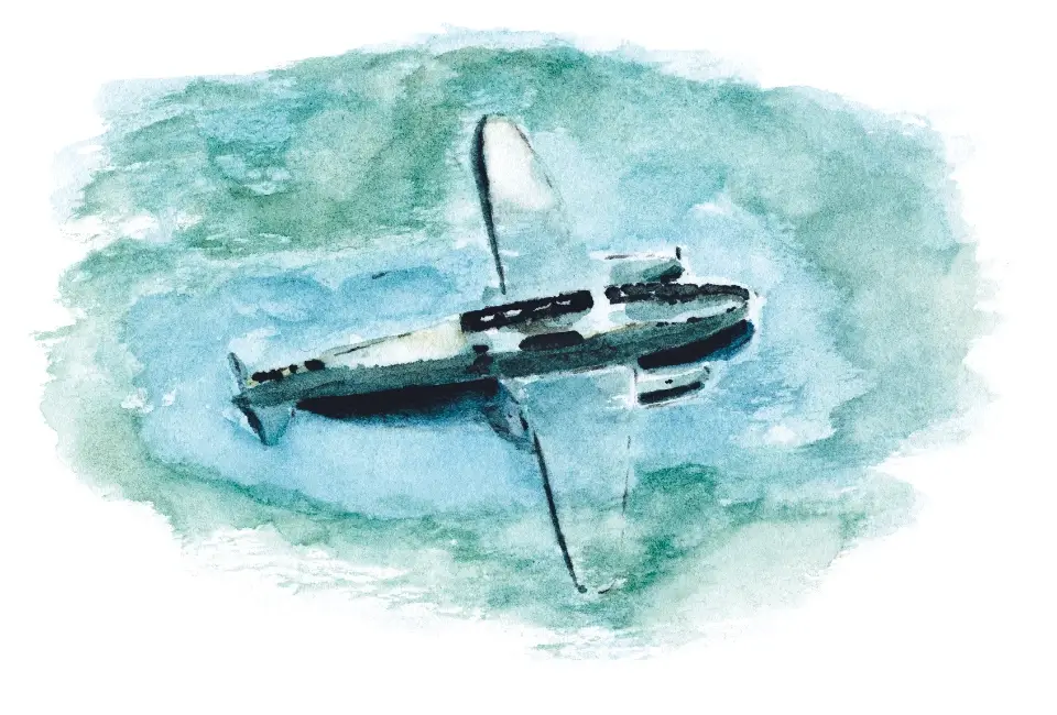 Watercolor painting of a vintage airplane flying over a blue-green background.