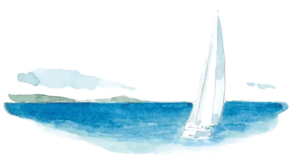 Watercolor painting of a sailboat on blue water with distant green hills under a pale sky.