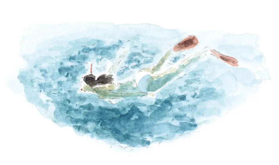 Watercolor painting of a person snorkeling in blue water with brown fins and a snorkel.