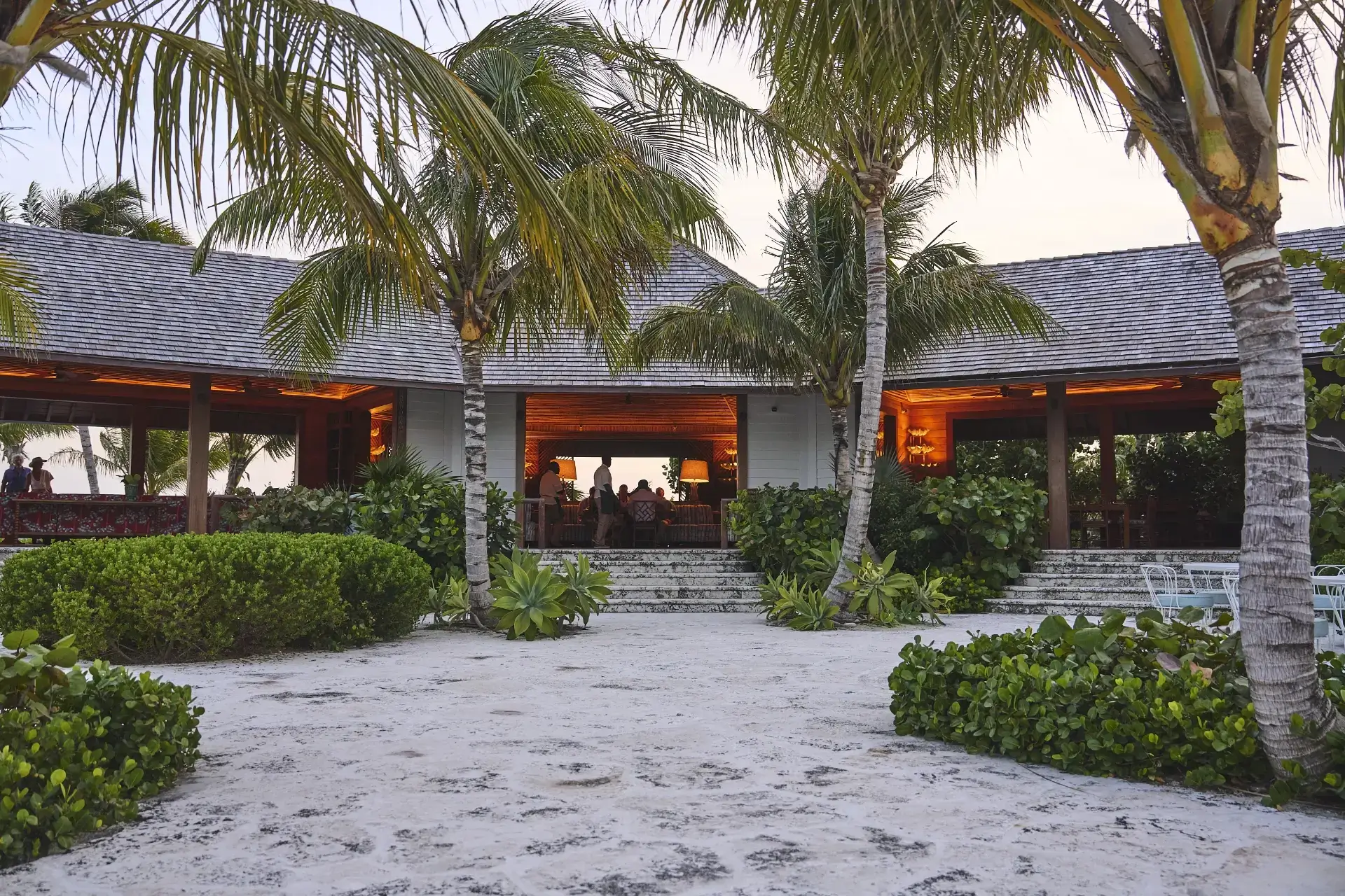 Outdoor view of a tropical resort dining area with palm trees, plants, and evening lighting.