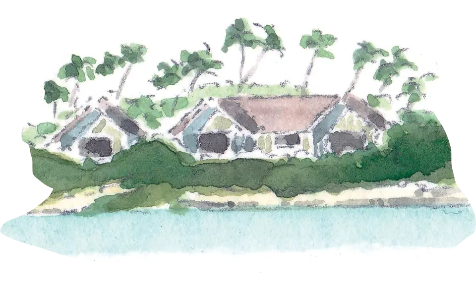 Watercolor painting of three houses with brown roofs surrounded by green bushes and palm trees, situated near a body of water.