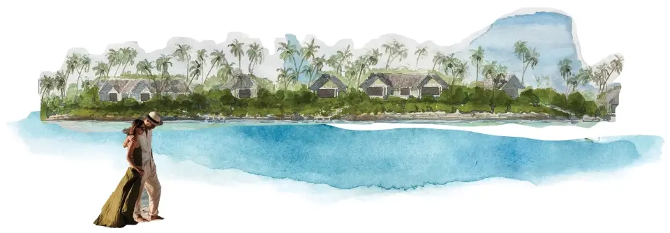 Watercolor-style illustration featuring a tropical island with palm trees and several small huts or cottages along the shore, with a couple walking closely together in the foreground by the water.