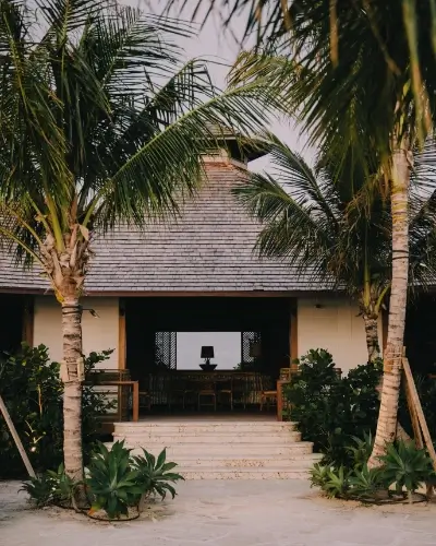 Entrance of a tropical-style building with a steep shingled roof, framed by tall palm trees and lush green plants, with steps leading up to an open space containing chairs and a table visible inside.
