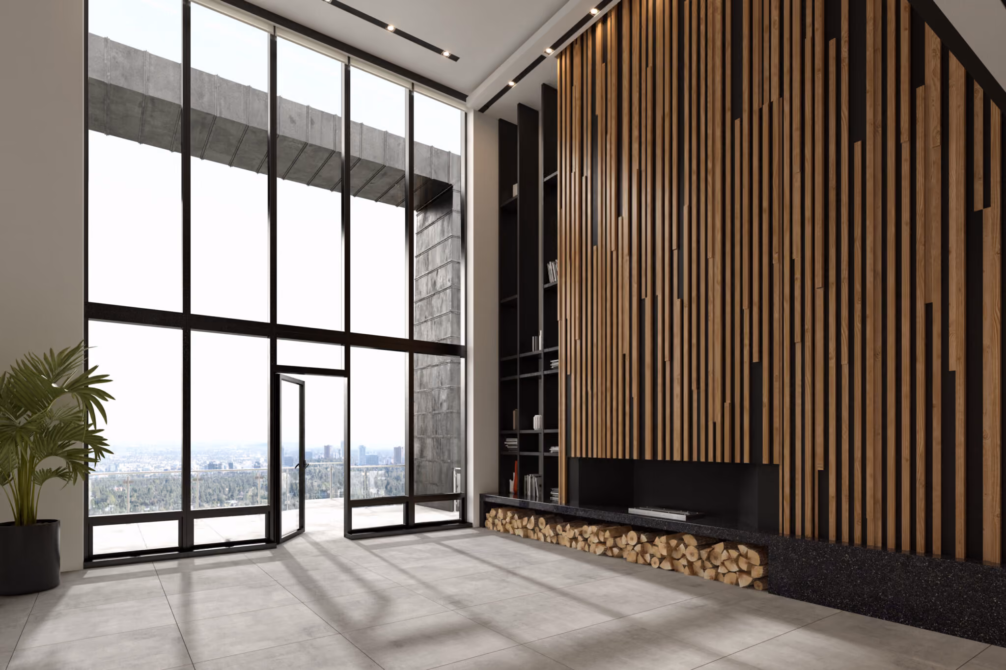 Spacious modern room with tall black-framed windows, wood panel wall, fireplace, and stacked firewood.
