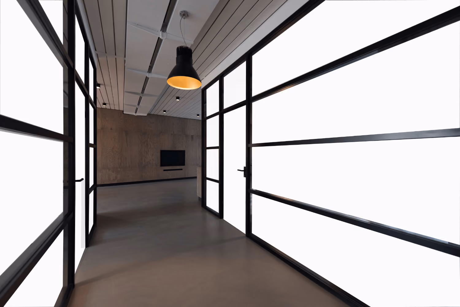 Modern interior hallway with glass-panel doors, concrete floor, and a hanging black pendant light.