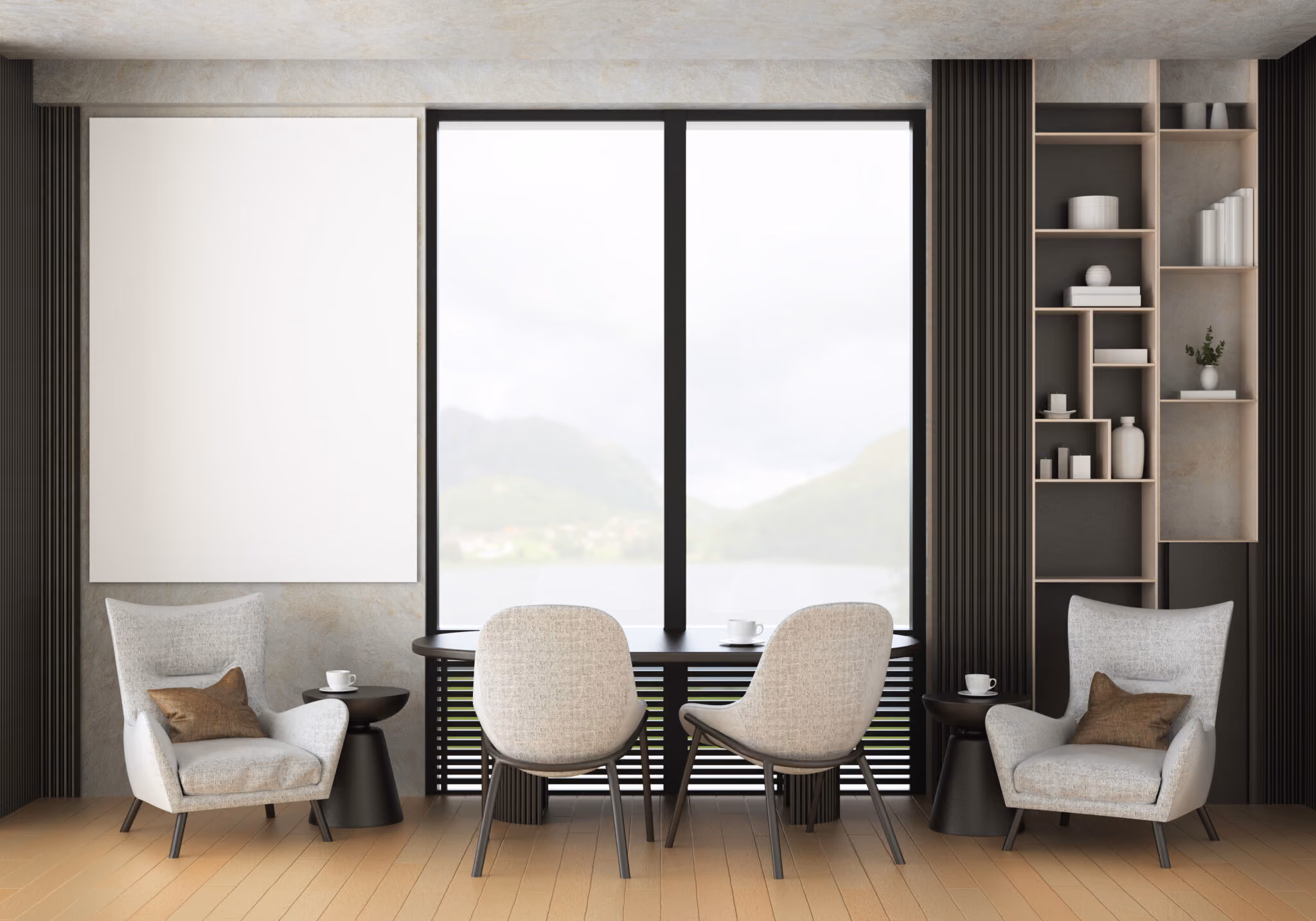 Modern sitting area with two armchairs, two side chairs, a window, and built-in shelving.