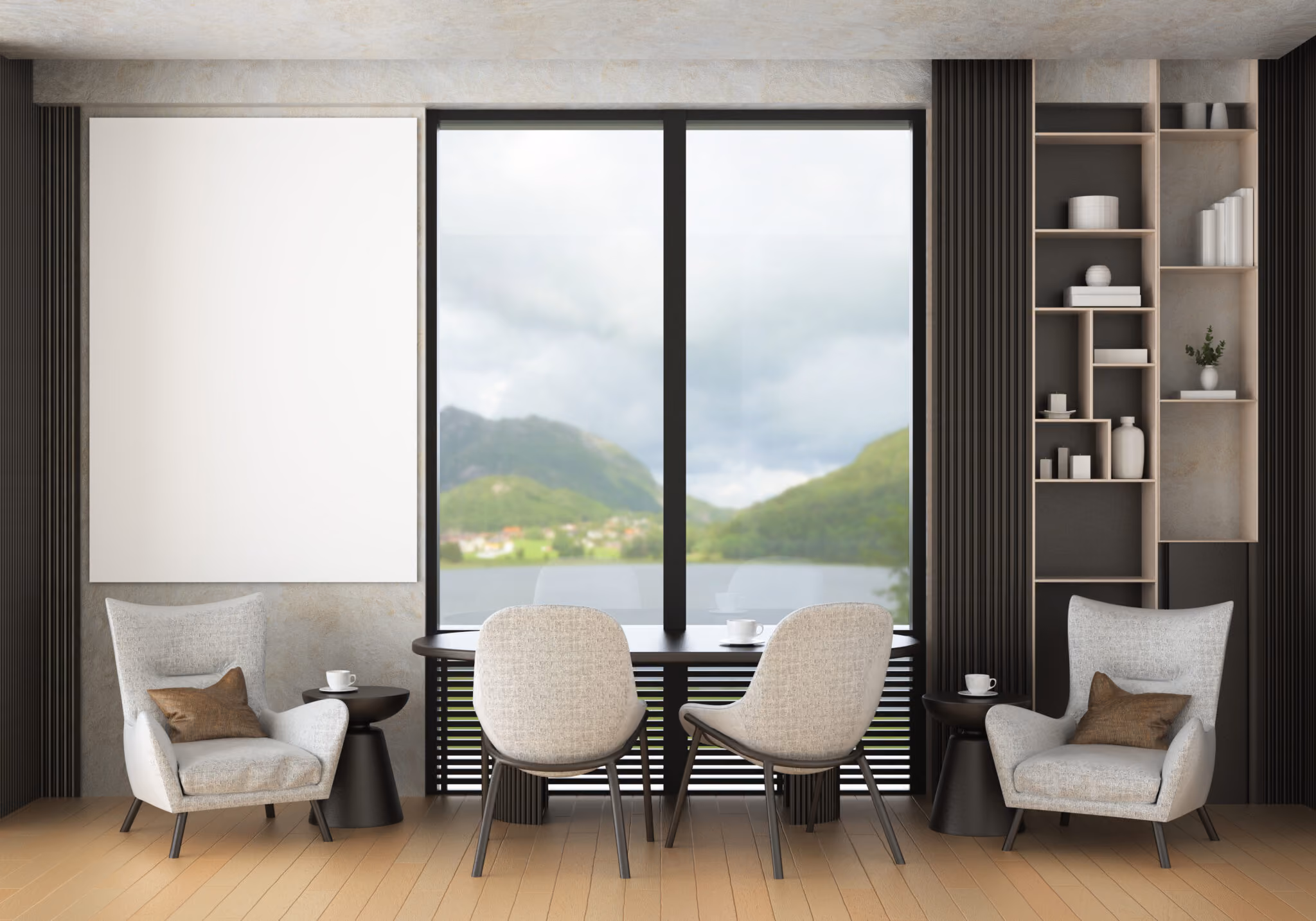 Modern living area with two armchairs, two side tables, two chairs, and large window showing mountain view.