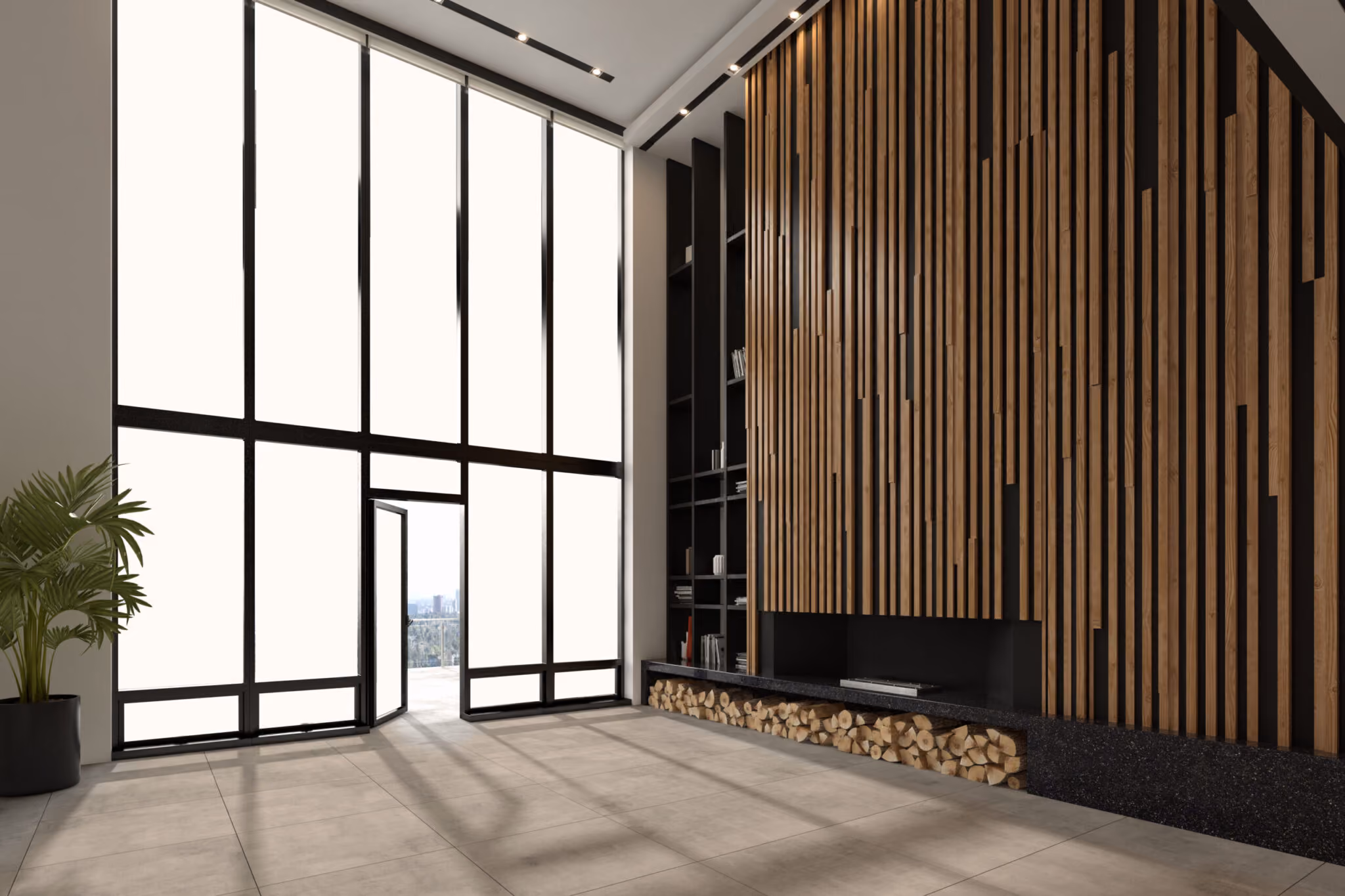 Modern interior with tall floor-to-ceiling windows, a plant, and a wooden slat wall with fireplace and stacked firewood.