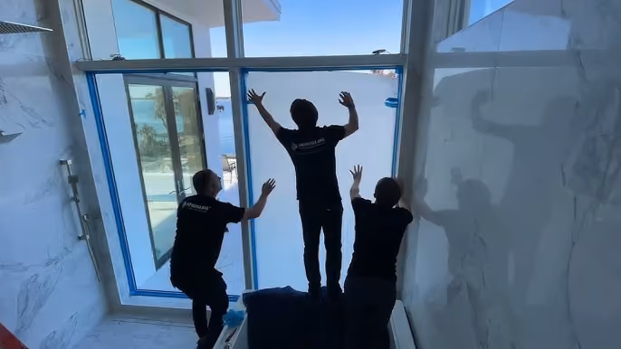 Three people installing frosted window film on a glass door inside a modern room with marble walls.