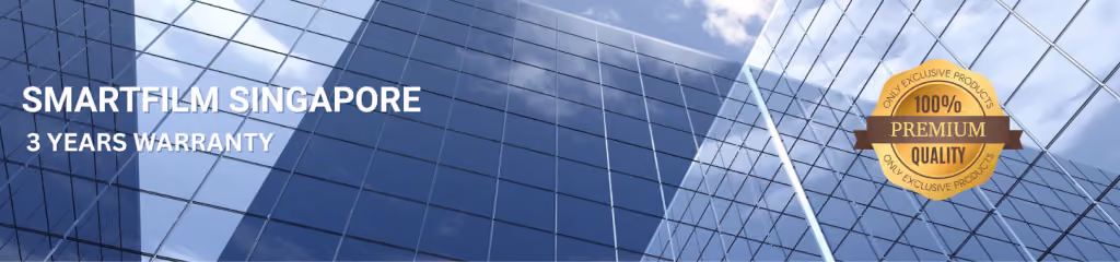 Reflection of modern glass buildings with SmartFilm Singapore text and 3-year warranty badge