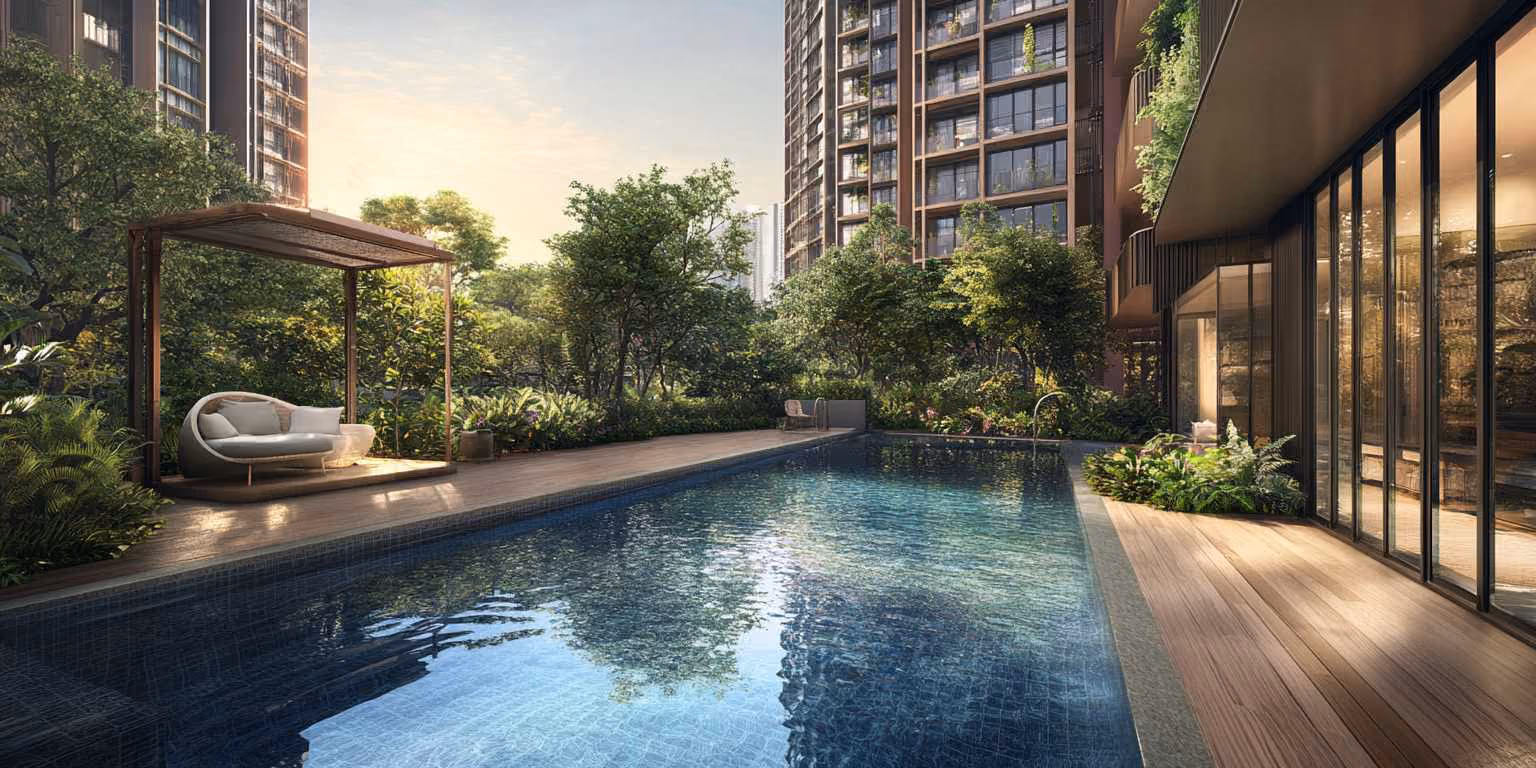 View of the outdoor pool of Piermont Grand with wooden deck surrounded by trees and modern high-rise buildings at sunset.