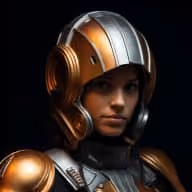 Avatar illustré d'une joueuse en casque futuriste orange et argent