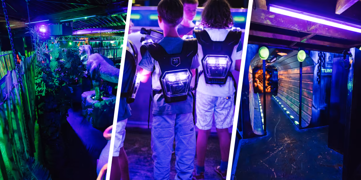 Trois vues des arènes de laser game de Laser Magic