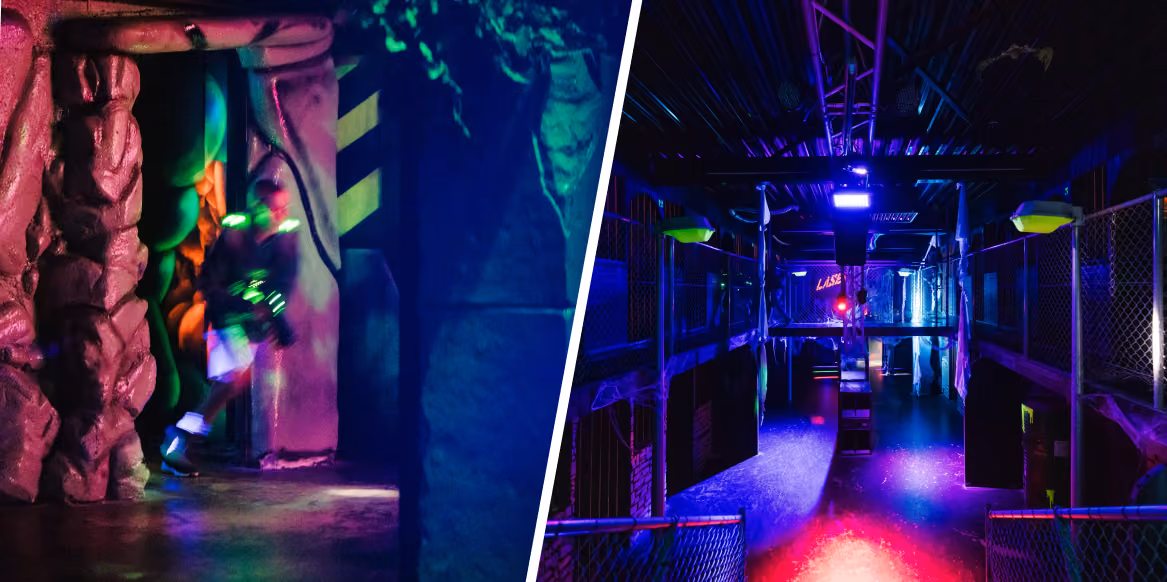 Deux vues des arènes de laser game de Laser Magic