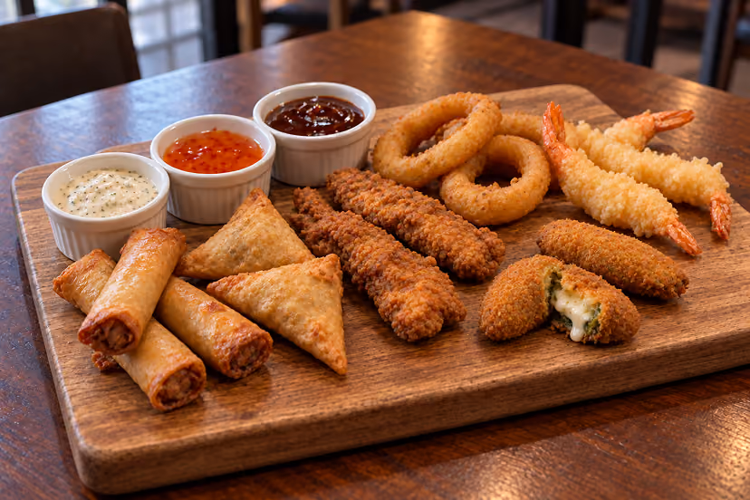 Planche d'apéritif à partager, fritures et sauces
