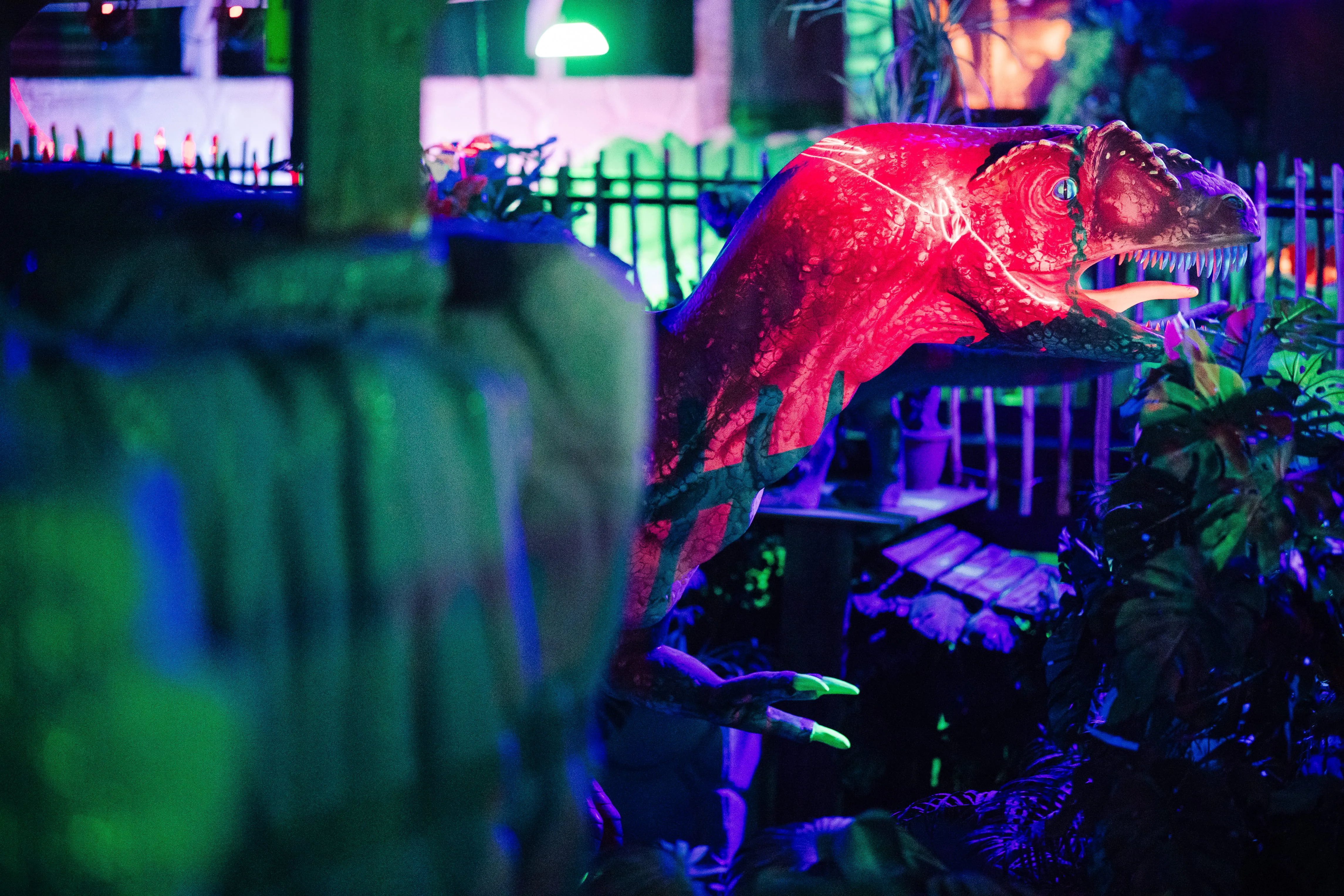 Reptile sous lumière UV dans le décor jungle d'une arène de Laser Magic
