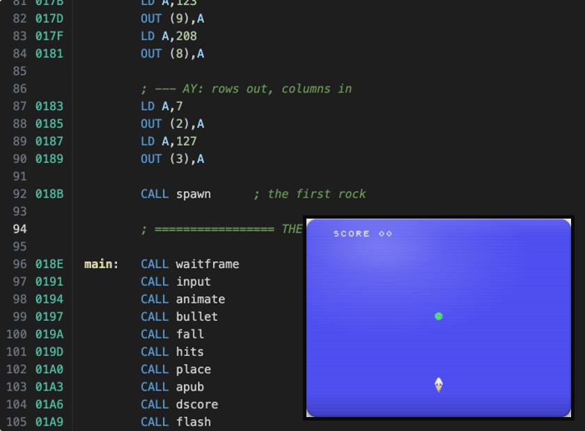 The Assembly Lab: Z80 code with its memory addresses beside the Einstein screen running it