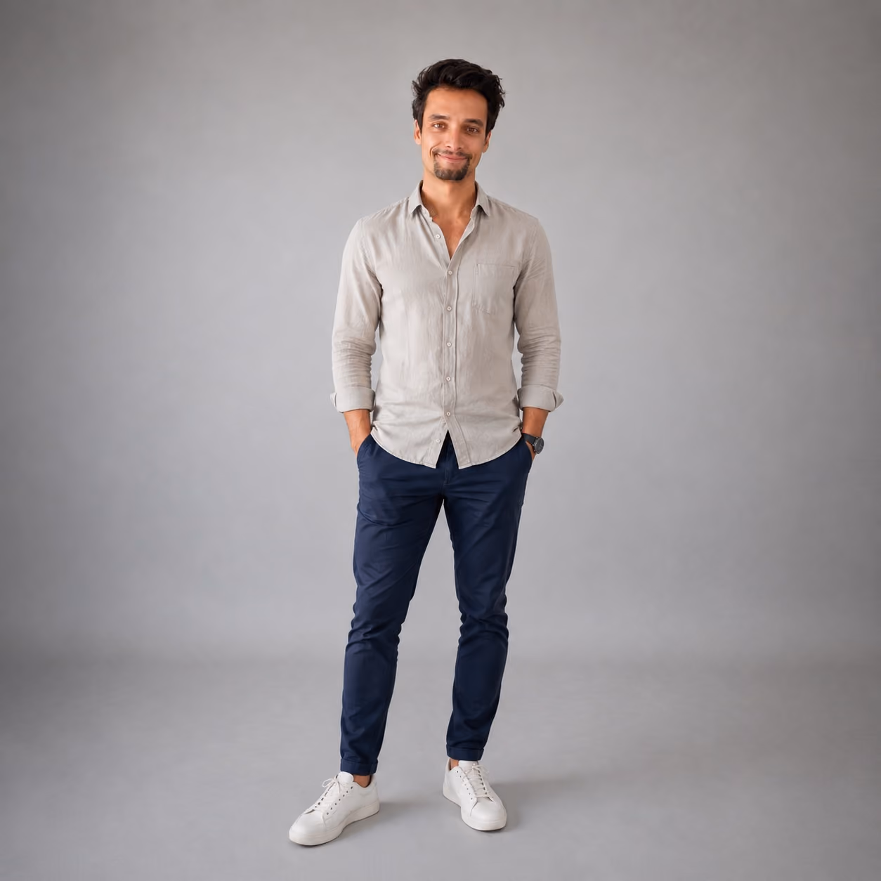 Man with dark hair wearing a light button-up shirt, navy pants, and white sneakers smiling at camera.
