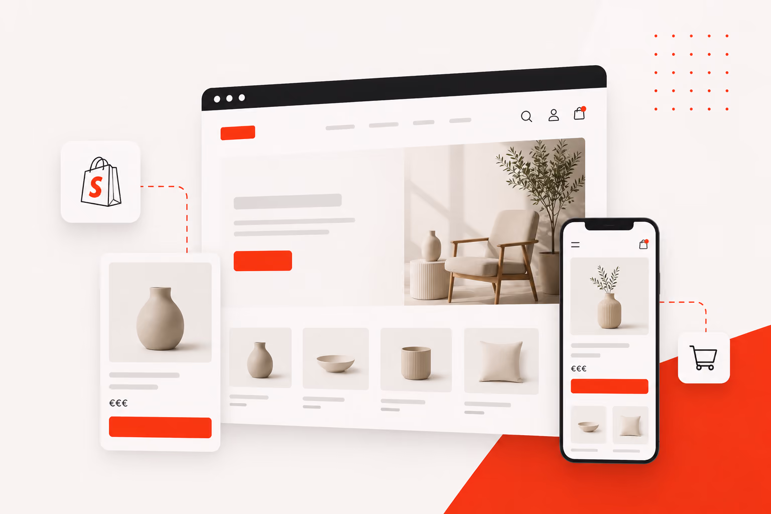 E-commerce website and mobile display with neutral home decor items for online shopping.