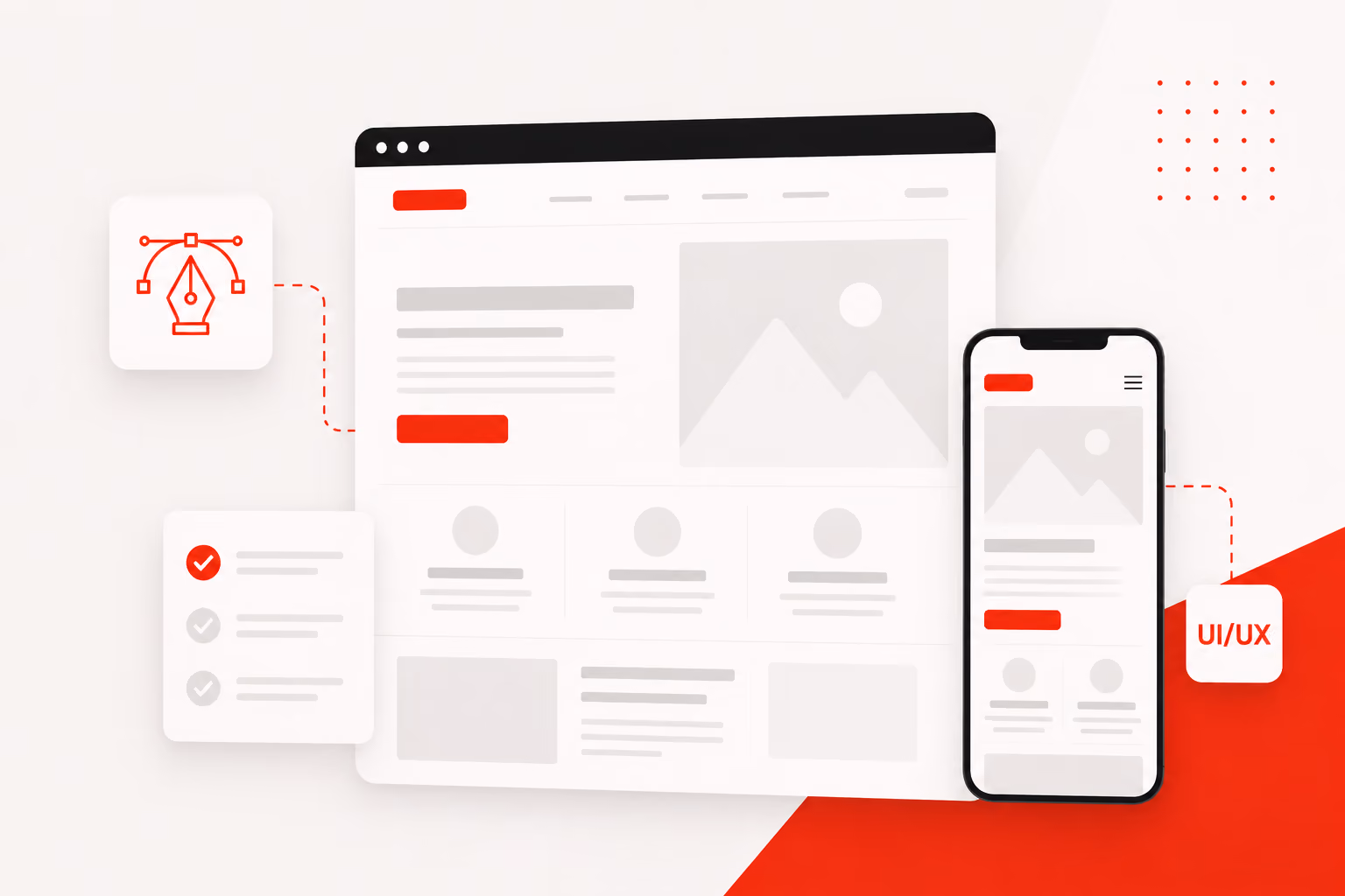 Illustration of website and mobile UI layout with design and checklist icons linked by dotted lines.