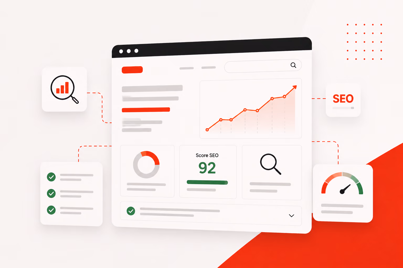 SEO dashboard with graphs, charts, score of 92, and icons for search and performance metrics.