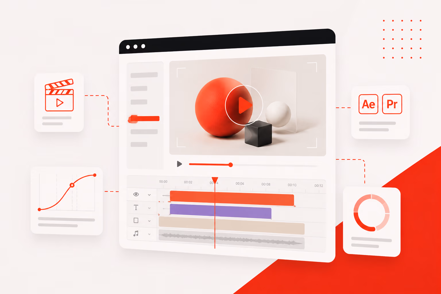 Video editing interface with timeline, play button, red sphere, white sphere, and black cube in preview.