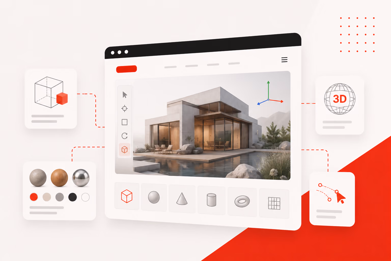 3D rendering software interface showing a modern house with materials and shape tool options.
