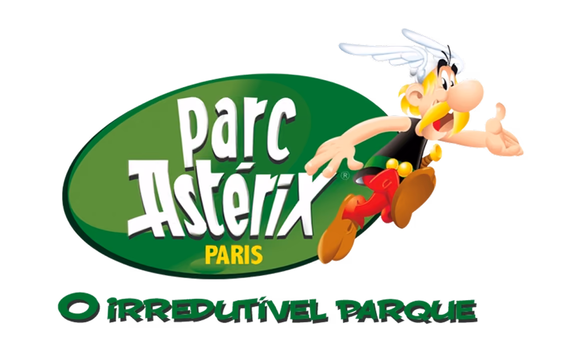 Parc Astérix Paris logo with cartoon character Asterix running and phrase O Irredutível Parque.